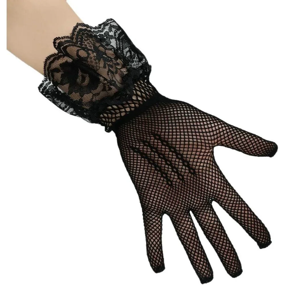 Women's B-Black Bow Lace Elegant Wrist Gloves Ruffle Bridal Wedding Party Prom